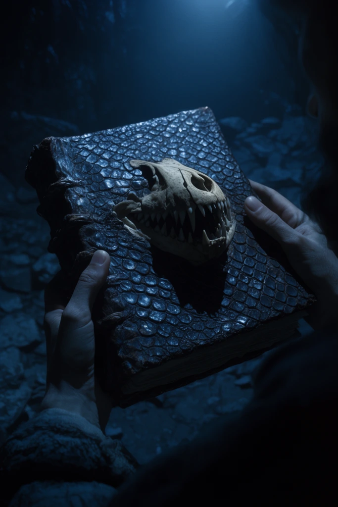 A thick grimoire bound in dark scaly reptilian leather with a protruding jagged jawbone on the cover. Two hands grip the textured spine under harsh cold blue overhead lighting, viewed from an over-the-shoulder angle in deep shadow.
