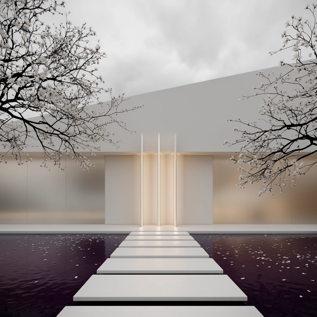 minimalist architectural exterior, white stepping stones crossing a dark reflecting pool, scattered petals on rippled water, black branches with white blossoms, stark white building facade with angled roofline, frosted glass panels, three slender illuminated vertical pillars, overcast grey sky, hyper-realistic architectural rendering, muted palette of whites and deep purples, soft warm lighting, symmetrical central perspective