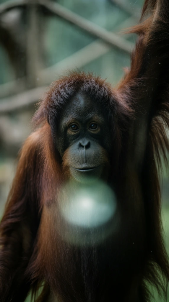 orangutan portrait, long shaggy reddish-brown fur, dark expressive face looking directly forward, right arm reaching upwards out of frame, prominent circular light glare reflecting off a glass enclosure onto the center of the chest, shallow depth of field, blurred muted green and brown background with indistinct branches, moody wildlife photography, soft natural lighting, telephoto lens focusing on the eyes