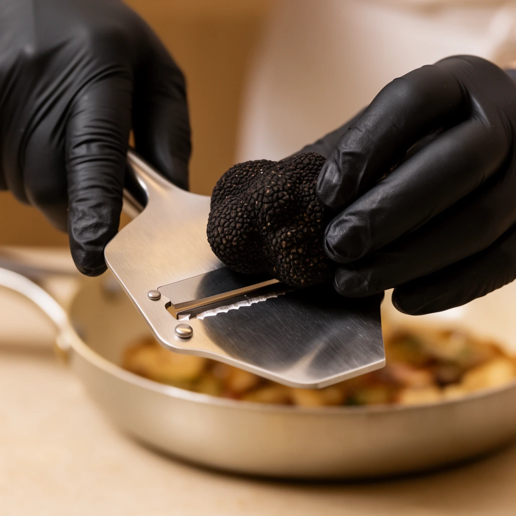 Hands in black latex gloves operate a stainless steel truffle slicer. One hand grips the metallic tool while the other presses a dark, textured black truffle against the sharp blade. The softly blurred background reveals a light-colored pan with cooked food resting on a beige surface. Captured with a shallow depth of field, soft warm lighting highlights the metal sheen, the matte gloves, and the rugged truffle in a professional culinary setting.