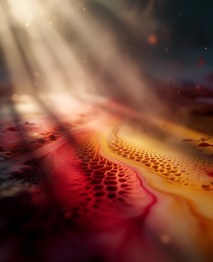 macro view of vibrant pigments flowing across a surface with intricate honeycomb-like patterns, dramatic volumetric lighting with ethereal god rays piercing through a misty atmosphere, golden hour glow, suspended dust and floating particles, rich color palette of deep crimson and golden ochre, cinematic composition with soft bokeh, organic fluid textures, highly detailed macro photography style, moody and atmospheric aesthetic, diffused light, ethereal and magical quality.