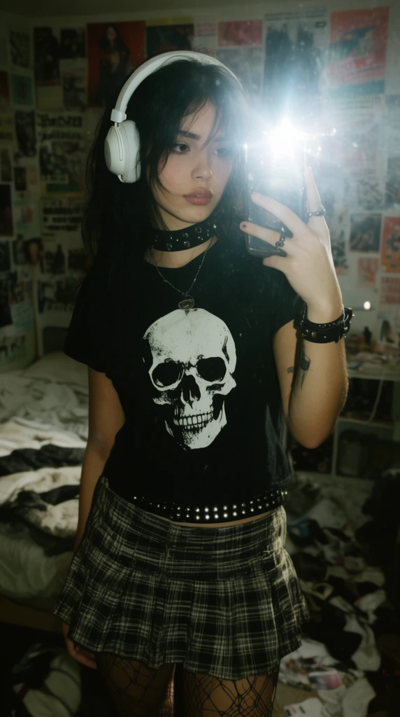 young woman taking mirror selfie with bright flash, dark hair, white headphones, black skull t-shirt, plaid mini skirt, studded choker, messy bedroom, poster wall, grunge aesthetic