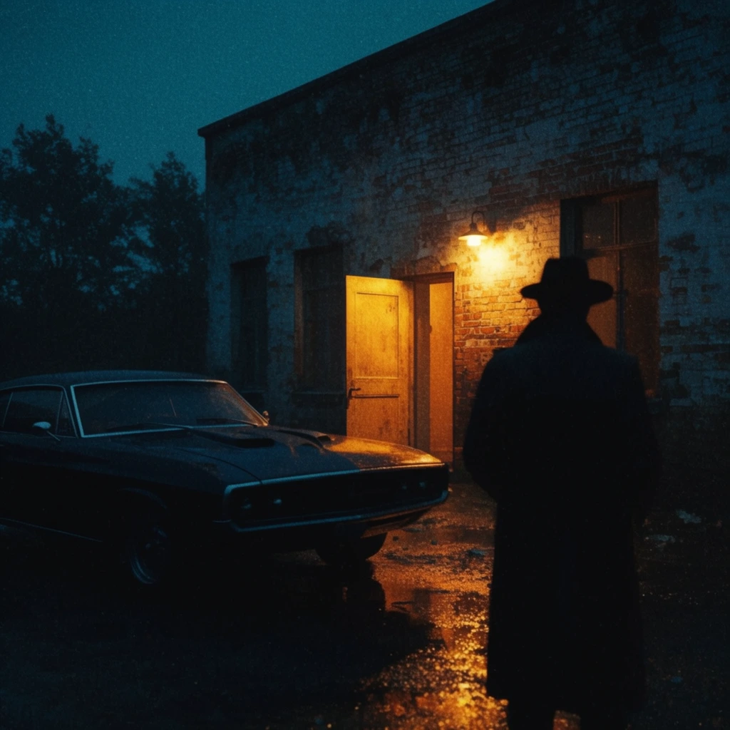 Silhouetted figure in trench coat and hat standing in right foreground, dark classic muscle car on left, weathered brick building with open doorway, warm yellow light spilling from door and wall sconce, wet ground reflecting orange glow, deep teal night sky, dark trees, heavy film grain, film noir aesthetic, low key lighting, contrasting blue and orange color palette, cinematic composition