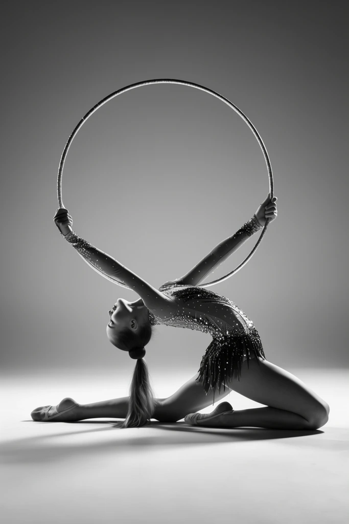 A monochrome studio photograph of a rhythmic gymnast in a dramatic floor pose holding a large hoop. Kneeling on one leg with the other fully extended, her deeply arched back lowers her ponytail to the smooth floor. Her arms extend upward to support the hoop behind her shoulders. She wears a sequined, long-sleeved leotard with a fringed skirt. High-contrast spotlighting emphasizes her athletic silhouette and casts soft shadows against a minimal, seamless gradient background.
