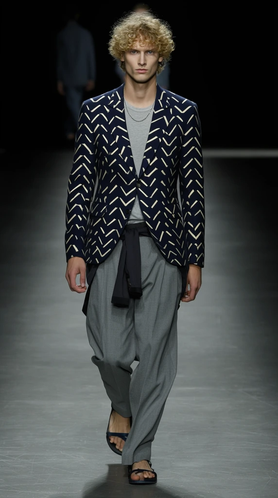 A male fashion model with voluminous curly blonde hair strides confidently down a stark, dark grey runway. He wears a tailored navy blue blazer featuring a striking cream-colored geometric dash pattern of zigzags and chevrons over a simple grey t-shirt and a delicate silver chain. Loose-fitting grey pleated trousers are styled with a dark fabric casually tied around the waist, paired with dark strappy sandals. Dramatic high-contrast overhead spotlighting emphasizes his sharp jawline and the blazer's textured fabric. The minimalist, deeply shadowed background features a soft-focus glimpse of another figure walking away.