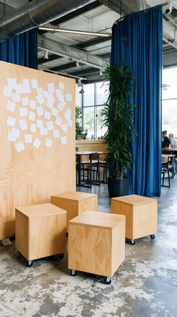freestanding plywood panel with scattered white notes, four rolling wooden cube stools on a distressed concrete floor, tall potted plant beside draped blue curtains, modern industrial cafe background, bright daylight