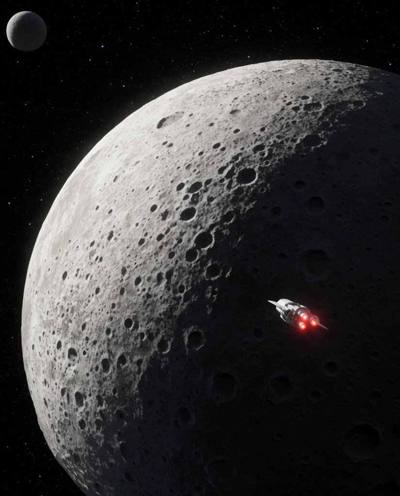 Large cratered moon, harsh left illumination fading to dark shadow, small spacecraft with glowing red engines, starry backdrop, distant smaller moon, cinematic 3D render