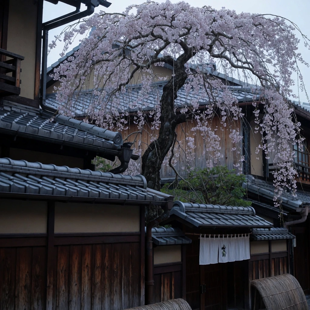 A majestic weeping cherry tree with cascading pale pink blossoms and a twisted dark trunk stands amid a dense traditional Japanese streetscape. Overlapping historic buildings feature curved dark gray roof tiles, slatted wooden facades, and white hanging noren curtains. Cool, muted lighting contrasts the delicate flowers against the rich textures of the dark architecture.