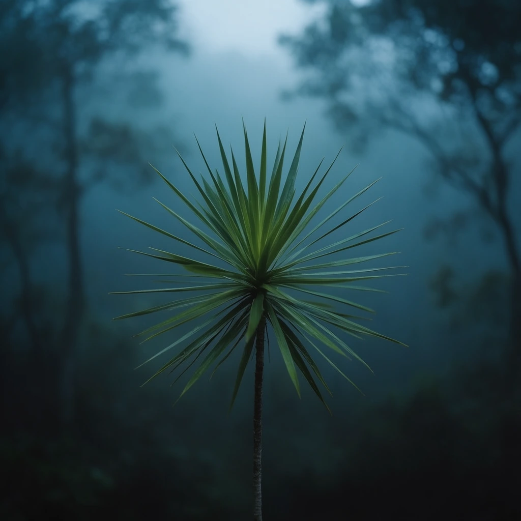 A solitary plant with a radial burst of sharp, green leaves on a slender stalk centers the frame. The sharply focused foliage contrasts against a moody, heavily blurred background of deep teal mist and silhouetted trees, creating a cool, atmospheric depth of field.
