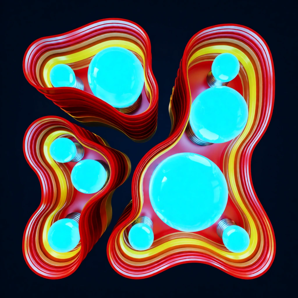 Three-dimensional extruded sculptural forms against a dark navy background. The hollow structures feature layered metallic edges in vibrant red, orange, and yellow, inset with glowing cyan circular light bulbs of varying sizes. Rendered in a glossy, high-contrast 3D style with dramatic lighting and a vivid retro-carnival aesthetic.