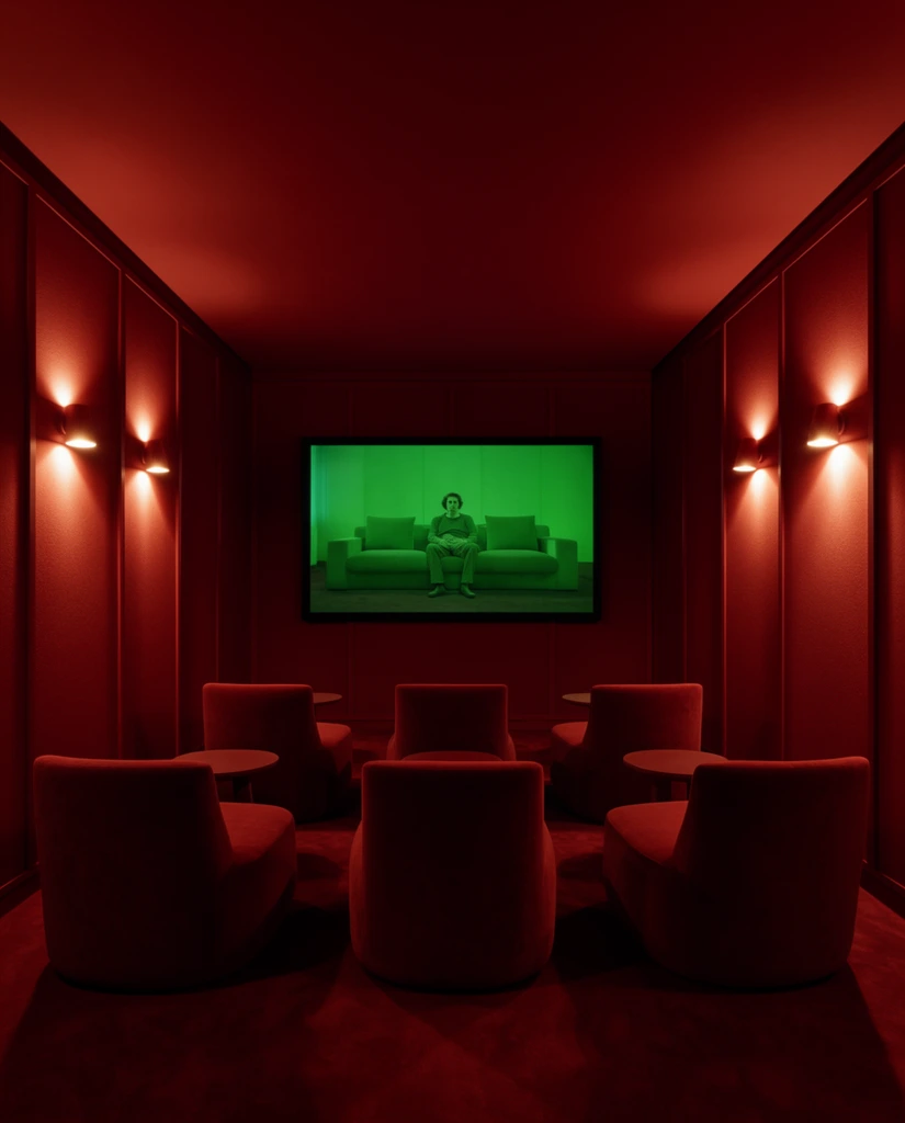 A symmetrical home theater enveloped entirely in deep red. Six plush, armless lounge chairs sit in two rows facing a large wall-mounted screen. Small round side tables separate the front seats. Four wall sconces cast warm, conical beams of light, highlighting vertical paneling on the crimson walls. The television displays a starkly contrasting bright green scene of a person seated on a sofa. The straight-on perspective emphasizes the dramatic visual tension between the monochromatic red environment and the glowing green rectangle of the screen.