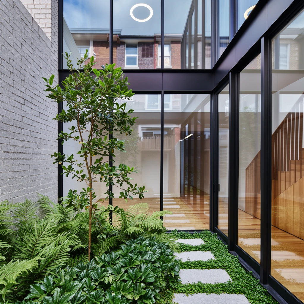 A modern architectural courtyard features floor-to-ceiling glass windows framed in matte black metal, meeting at a corner next to a pale grey textured brick wall. The lower glass panes reveal a bright interior with warm wooden flooring and a timber staircase, while the upper windows show a circular ceiling light and reflect neighboring brick houses. A lush garden fills the foreground, anchoring a slender young tree amidst dense green ferns and broadleaf plants. Light grey rectangular stepping stones form a path through low-lying green groundcover. Sharp architectural photography highlights geometric lines, clear daylight, and the contrast between rigid structures and organic foliage.