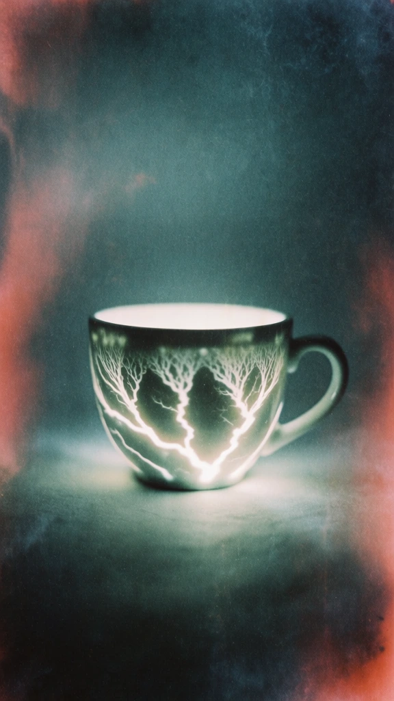 ceramic coffee cup centered in a dark moody silhouette, intricate white glowing lightning-bolt patterns branching out from the base, grainy analog film texture, soft reddish-orange light leaks bleeding through deep teal and charcoal shadows, high contrast visceral aesthetic, atmospheric soft haze around the ceramic rim, experimental double exposure style, lo-fi grit with an ethereal inner glow, cinematic and textured lighting inspired by medical x-rays and organic growth patterns.