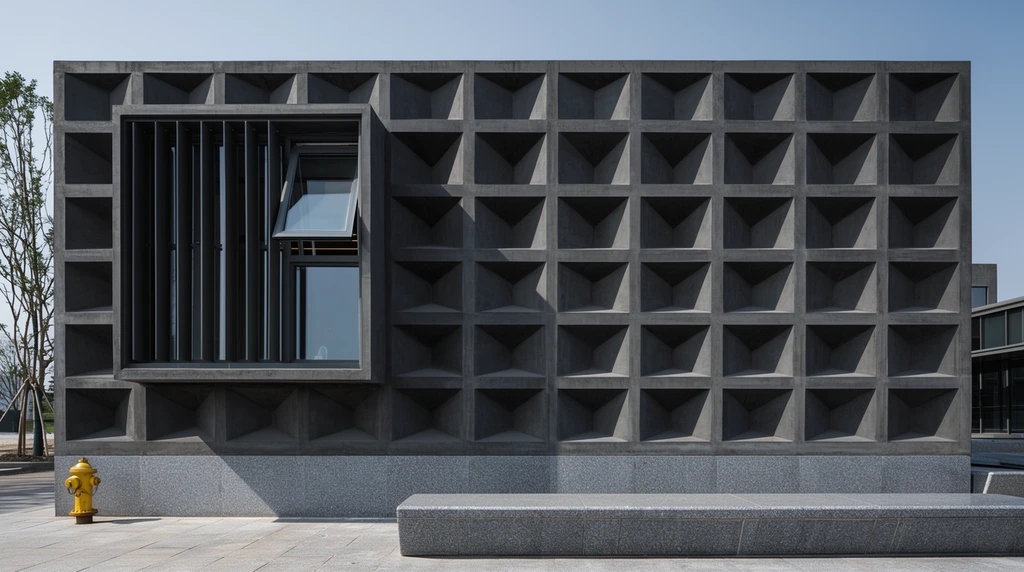 A contemporary brutalist building features a dark grey concrete facade composed of repeating, deeply recessed geometric squares. The structural grid casts sharp diagonal shadows under bright sunlight against a clear pale blue sky. On the left elevation, a prominent rectangular window projects outward, framed by dark metal vertical louvers with its upper pane propped open. The building's base and a foreground bench are constructed from smooth, speckled grey granite resting on a paved stone plaza. A bright yellow fire hydrant stands near the left corner, providing a stark color contrast, while a slender tree is visible on the far left edge. The architectural photograph uses sharp focus and an eye-level perspective to emphasize the rigid symmetry and heavy materiality of the deeply textured structure.