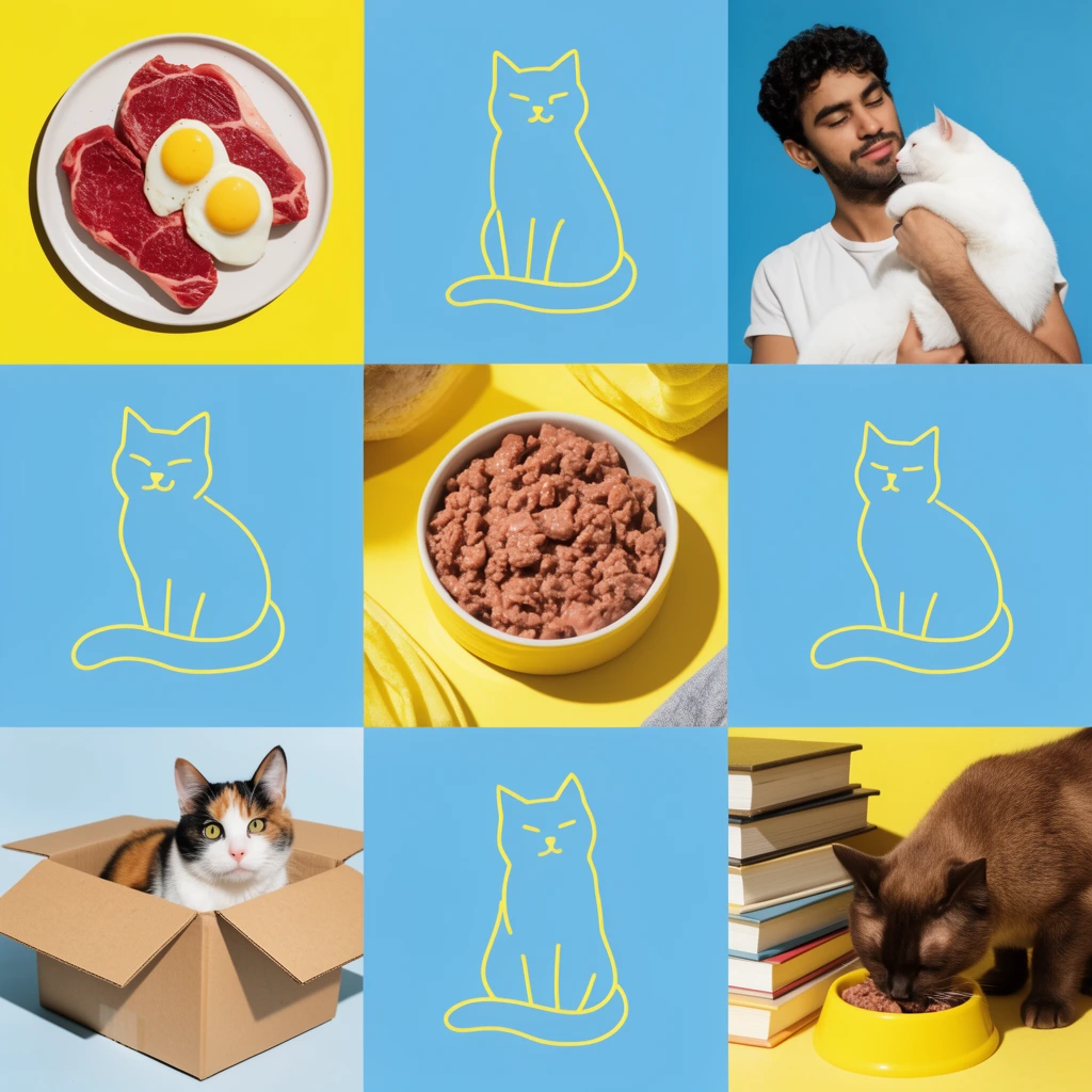multimedia grid composition, modern pet care mood board, bright yellow and sky blue color blocking, lifestyle photos mixed with minimalist yellow cat line drawings, flat lays of raw steak with eggs and a bowl of wet food on solid backgrounds, sharp drop shadows, hard flash lighting, man admiring a white cat, cardboard box with a calico cat peering out, brown cat eating from a yellow bowl near stacked books, crisp contemporary aesthetic