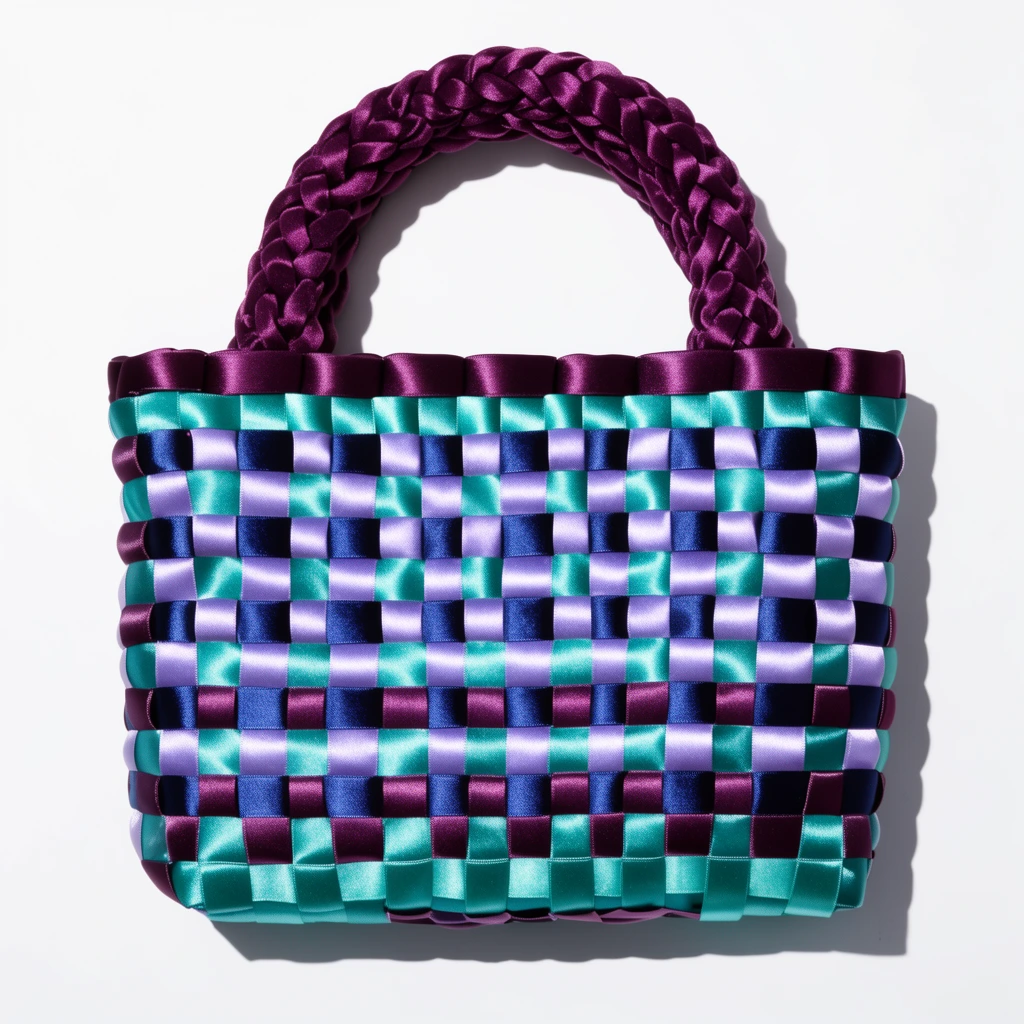 A woven satin ribbon tote bag sits on a stark white background. The glossy checkered body alternates teal, lavender, navy, and plum strips beneath a thick, braided plum handle. Harsh direct lighting casts a sharp drop shadow, emphasizing the reflective textile in a minimalist studio shot.