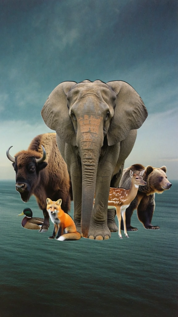 surrealist analog collage style, a cutout group of animals featuring a large elephant standing centrally, floating isolated against a vast moody seascape, vintage 1970s print aesthetic with visible paper grain and soft halftone textures, dark slate blue ocean with churning white-capped waves in the lower third, heavy overcast sky with dramatic pale yellowish-grey storm clouds, muted dreamlike color palette, high contrast composition, painterly textures, melancholic atmosphere.