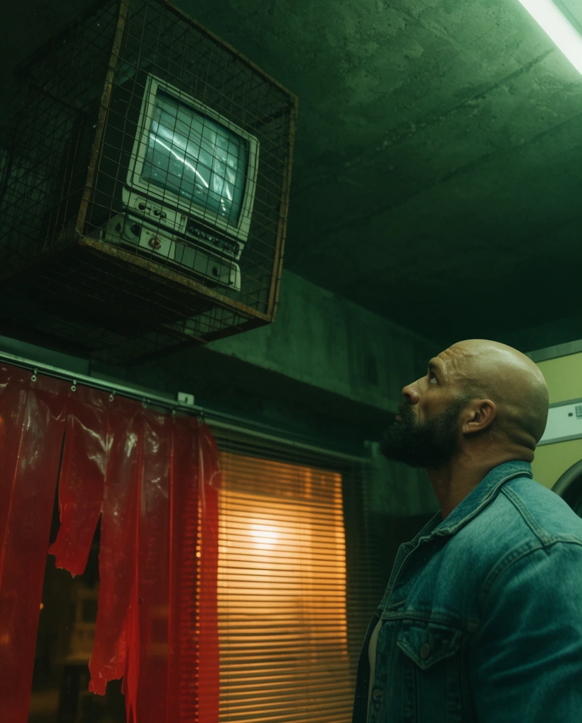 A muscular bald man with a beard and denim jacket stands in a shadowy brutalist laundromat, gazing up at a vintage monitor suspended in a rusted wire cage. The cinematic scene features moody fluorescent green lighting contrasting with warm amber light filtering through window blinds. A torn red plastic curtain hangs from a track. The low-angle composition balances the caged screen in the upper left with the man's profile in the lower right against dark concrete.
