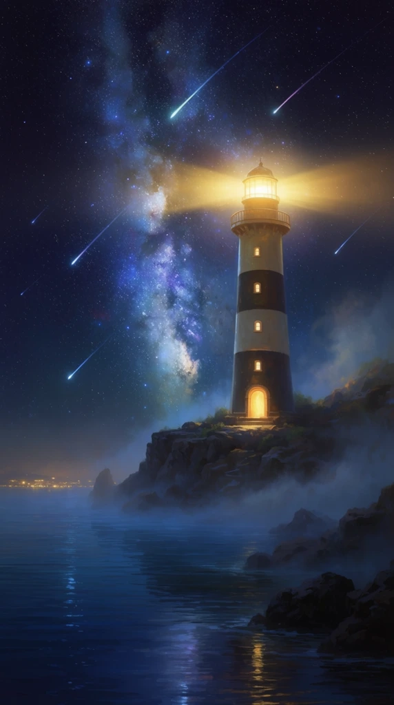 A towering striped lighthouse stands on a rugged rocky cliff overlooking a calm deep blue sea under a magnificent starry night sky. A brilliant warm yellow light beams outward from the lantern room at the apex, cutting through the darkness. Small glowing windows descend vertically down the tower toward an illuminated arched doorway. Dense mist swirls around the rocky foundation where dark water reflects the celestial blues. The vast sky features a bright vertical swath of the Milky Way galaxy framing the lighthouse and several shooting stars streaking diagonally downwards. Faint golden city lights glow along the distant left horizon. The digital painting features a magical realism aesthetic with dramatic contrast between warm golden illumination and deep cosmic blues.