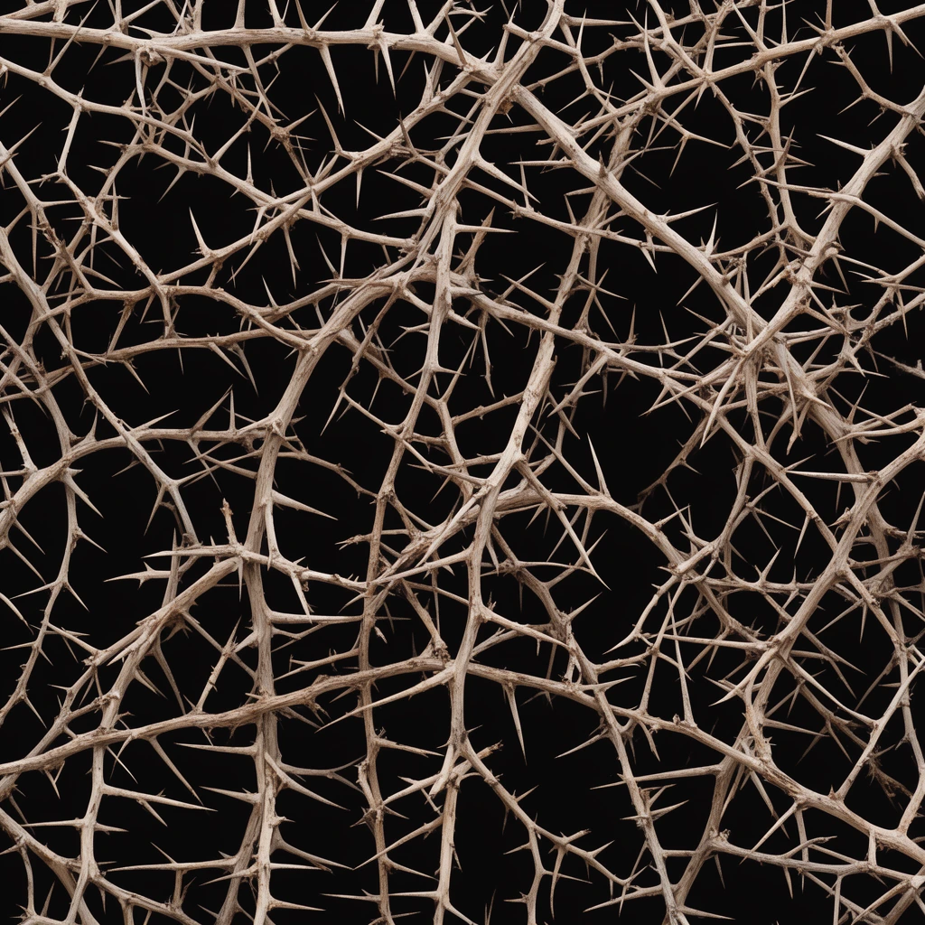 dense tangle of dry thorny branches, pitch-black background, pale beige woody texture, sharp interlocking spikes, chaotic organic pattern, macro photography, high contrast, flat even lighting, stark silhouette effect, intricate overlapping network, barren twigs, perilous texture