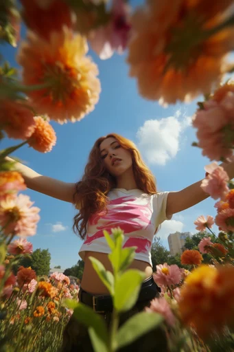 Vibrant Low-Angle Perspective style reference image — bokeh foreground framing