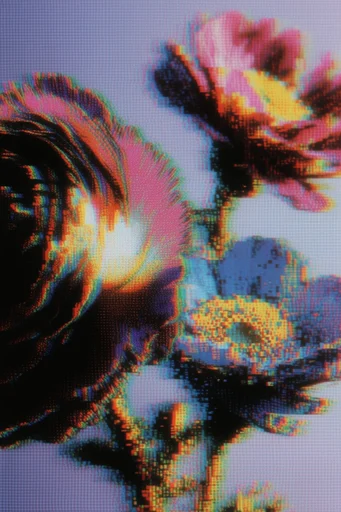 Iridescent Digital Distortion style reference image — liquid metallic sheen