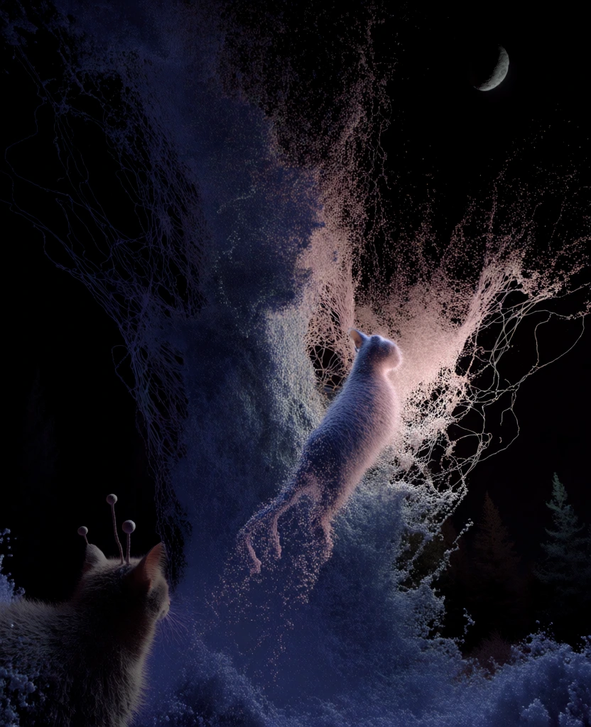 granular particle-dispersal aesthetic, frayed thread-like tendrils eroding into an absolute black void, high-contrast indigo and peach-tinted stippling, ethereal digital disintegration, point-cloud textures, foreground bottom left cat with alien antennae, hovering saucer emitting a downward beam, elongated feline floating upward inside light, background of stylized pine trees, top right crescent moon, top left clouds, starry sky, visceral fibrous erosion, chiaroscuro lighting