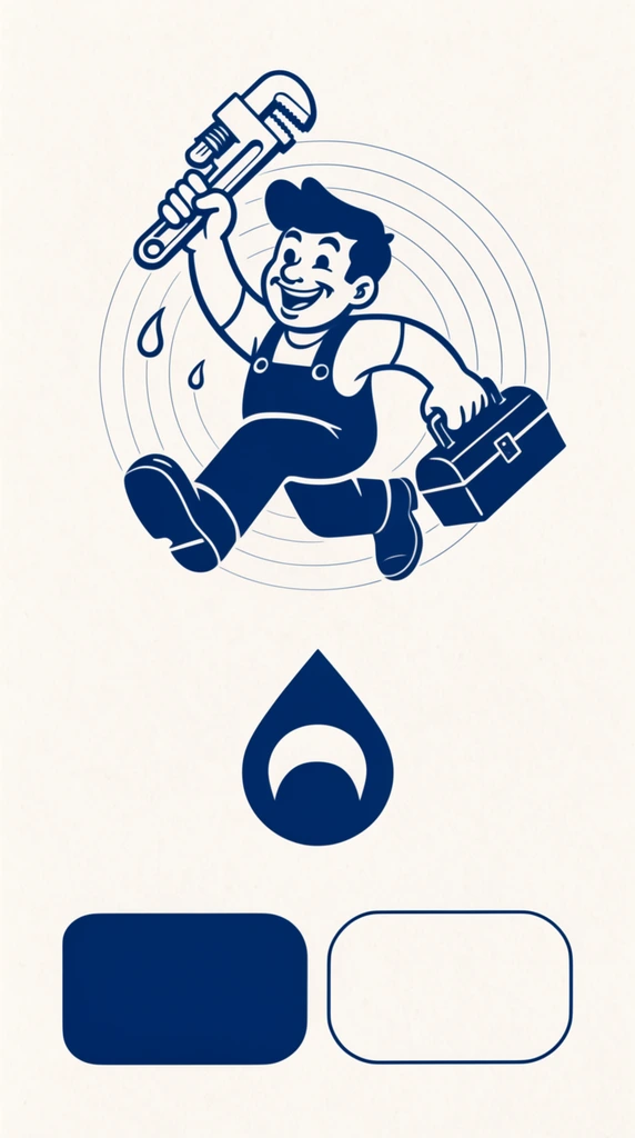 Dark blue monochromatic vintage vector illustrations on a textured off-white background. A cheerful cartoon man in overalls runs enthusiastically, raising a heavy pipe wrench in his right hand and swinging a toolbox in his left. He features a wide grin and thick hair, with a small water drop floating near his arm. The figure repeats within concentric circular lines. A central graphic displays a solid dark blue teardrop shape containing a white upward-curving crescent cutout. Two rounded rectangular shapes, one solid and one outlined, anchor the bottom of the composition.