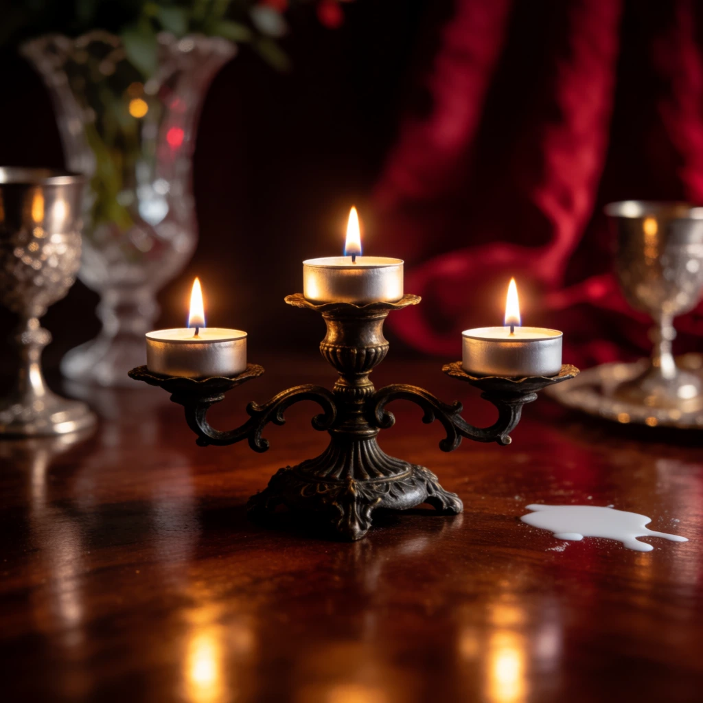 An ornate dark metal candelabra with three lit tea candles sits on a polished wooden surface reflecting the warm amber flames. A small white spill marks the table's right side. The blurred background reveals a crystal vase, a silver goblet, and deep red draped fabric. Cinematic lighting and a shallow depth of field create a moody still life with rich crimson and brown tones.