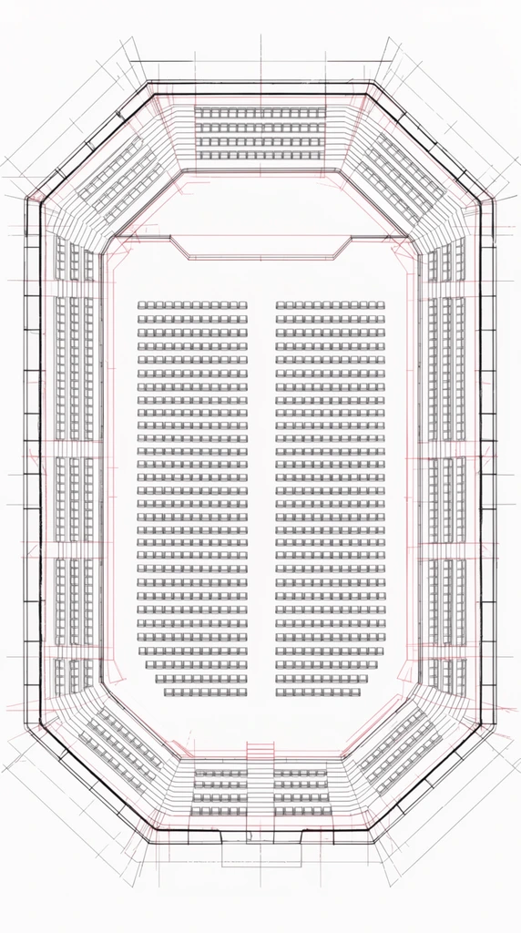 top-down architectural floor plan of an assembly hall, central rectangular grid of seats enclosed by an octagonal tiered gallery, black ink technical drafting on a white background, thin red construction lines, CAD wireframe aesthetic, orthographic projection, precise linework, blueprint style