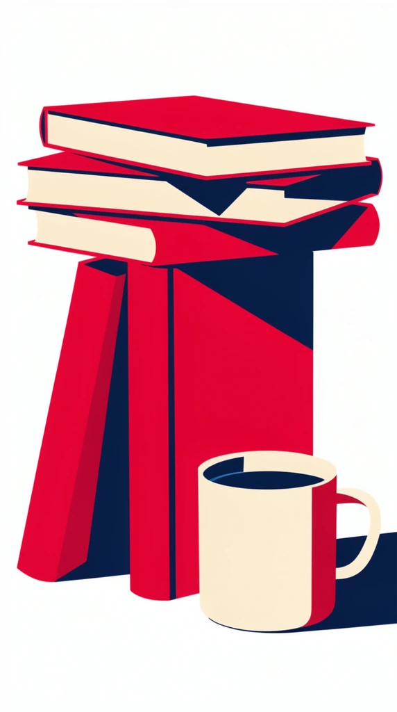 A minimalist flat vector illustration of books and a mug against a pure white background. Three horizontal books with bright crimson covers and cream pages balance atop two vertical red books leaning together. A simple cream cylindrical mug sits in the right foreground, filled with dark liquid. The artwork utilizes a strict tri-color palette of bold red, cream, and deep navy blue. The deep navy forms heavy, untextured drop shadows and stark negative space. The composition relies on sharp geometric lines, bold color blocking, and a complete absence of gradients for a high-contrast, modernist graphic aesthetic.