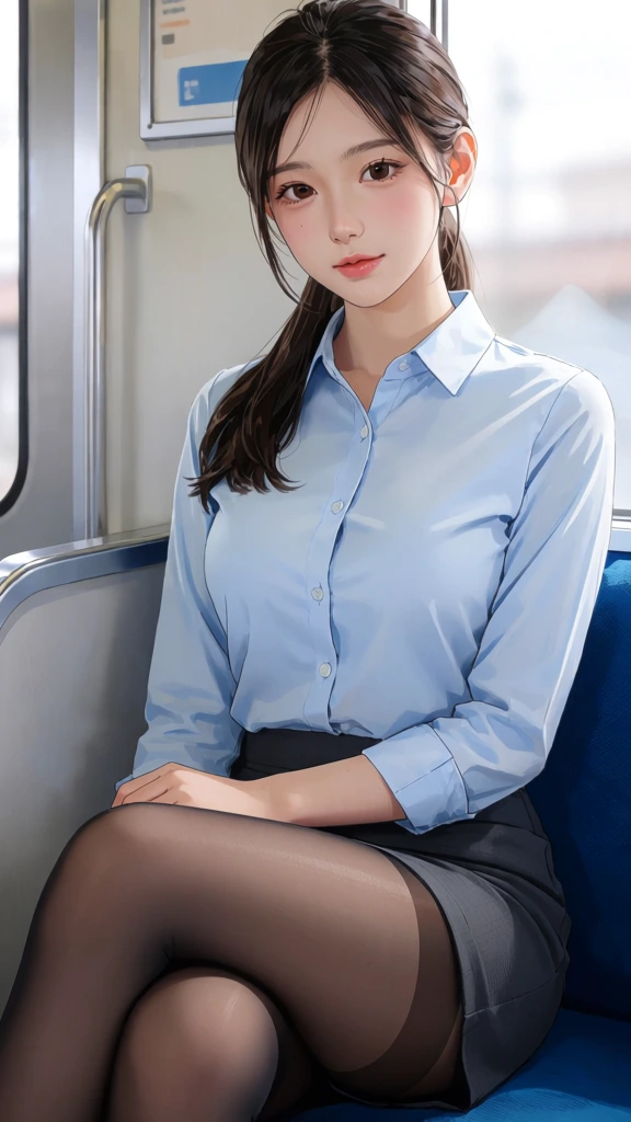 A hyper-realistic DSLR photo of a gorgeous Asian woman commuting on a morning train, sitting on a chair with one leg crossed. She is facing the camera while using her smartphone, and sunlight streams in from the window, highlighting the realistic texture of her skin, tights, and clothes. Commuters sit nearby, slightly out of focus, while she remains sharply detailed and prominently featured. The skin texture is photorealistic, the lighting is cinematic and natural, and the facial features are sharp and expressive. The image has depth of field and crisp resolution, as if taken with a professional DSLR.