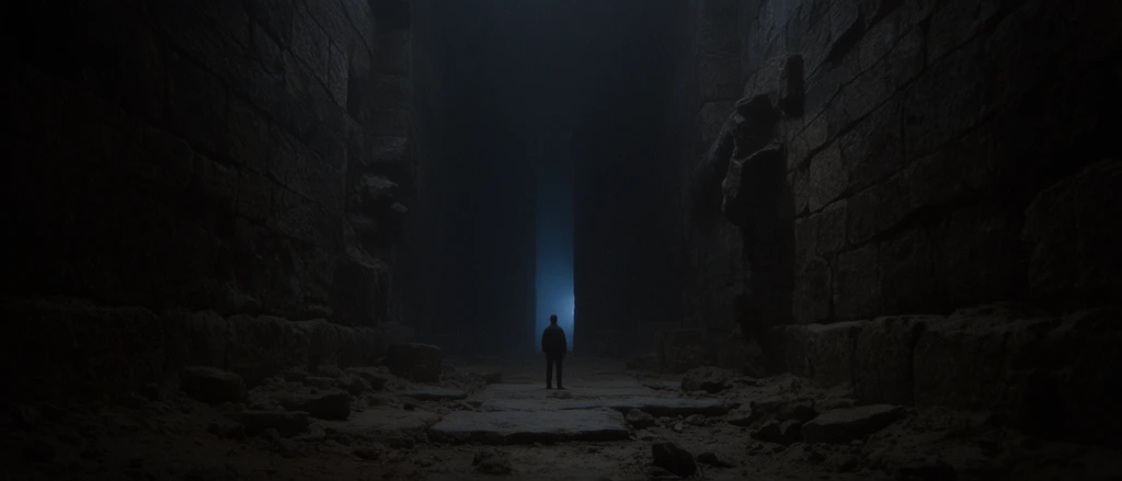 A lone figure stands in a massive, dimly lit, ancient stone corridor, facing away from the viewer. The figure, small in comparison to the surroundings, is silhouetted against a faint, cool blue light emanating from a distant, narrow opening. The imposing walls, constructed from large, rough-hewn stone blocks, rise vertically, disappearing into the darkness above. The stone surfaces are deeply textured, marked by time and possibly erosion, with uneven protrusions and crevices. The ground is uneven, composed of loose dirt, rocks, and uneven stone slabs leading towards the figure. The lighting is extremely low key, creating a cinematic, moody atmosphere with deep shadows and minimal detail in the darker areas. A slight haze or fog hangs in the air, softening the distant light and enhancing the sense of immense scale and mystery.