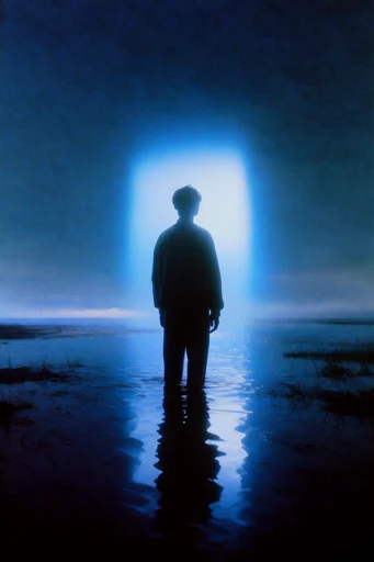 Cinematic Nocturnal Cyan style reference image — grainy film texture