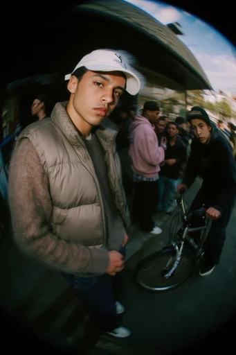 Cinematic Fisheye Streetwise style reference image — fisheye lens distortion