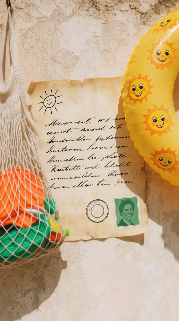 An aged rectangular parchment floats against a sunbaked pale stucco wall, featuring flowing black ink lines, a hand-drawn sun doodle, a circular postal mark, and a green portrait stamp. Vibrant beach accessories frame the paper: a suspended mesh bag of orange and green sand toys on the left, and a yellow swim ring with cartoon sun faces on the right. Harsh direct lighting casts crisp drop shadows, creating a high-contrast, warm, nostalgic retro summer aesthetic.
