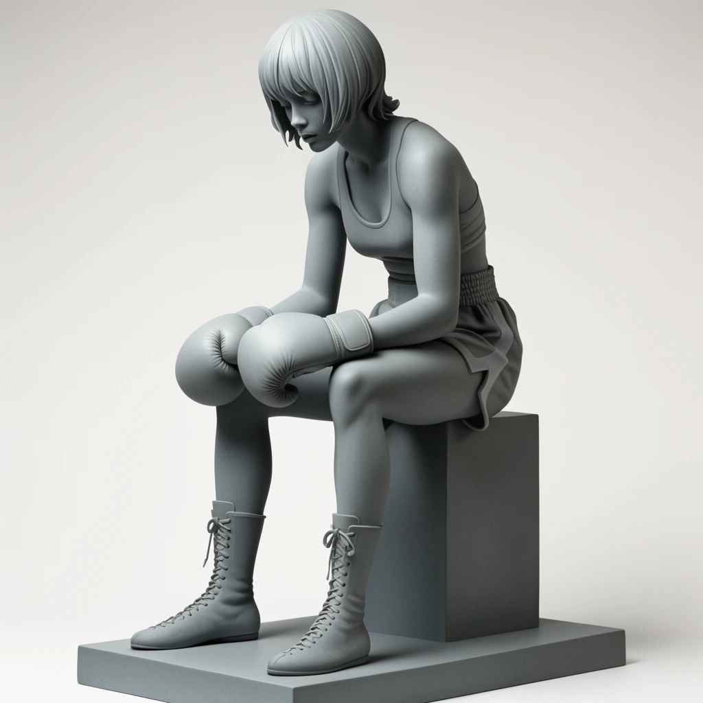 monochromatic matte gray sculpture of a seated female boxer, wearing boxing gloves and laced boots, resting on a minimalist plinth, undercut hairstyle, downcast expression, uniform ash gray coloring, smooth surface textures, soft studio lighting, plain light background