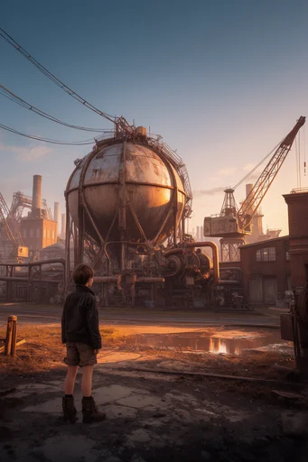 Monolithic Industrial Futurism style reference image — golden hour atmospheric haze
