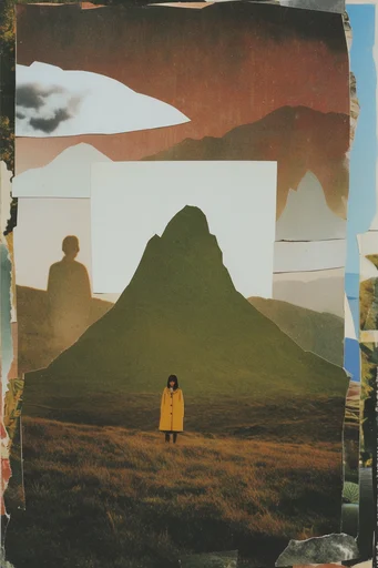 Nostalgic Surrealist Collage style reference image — analog paper collage