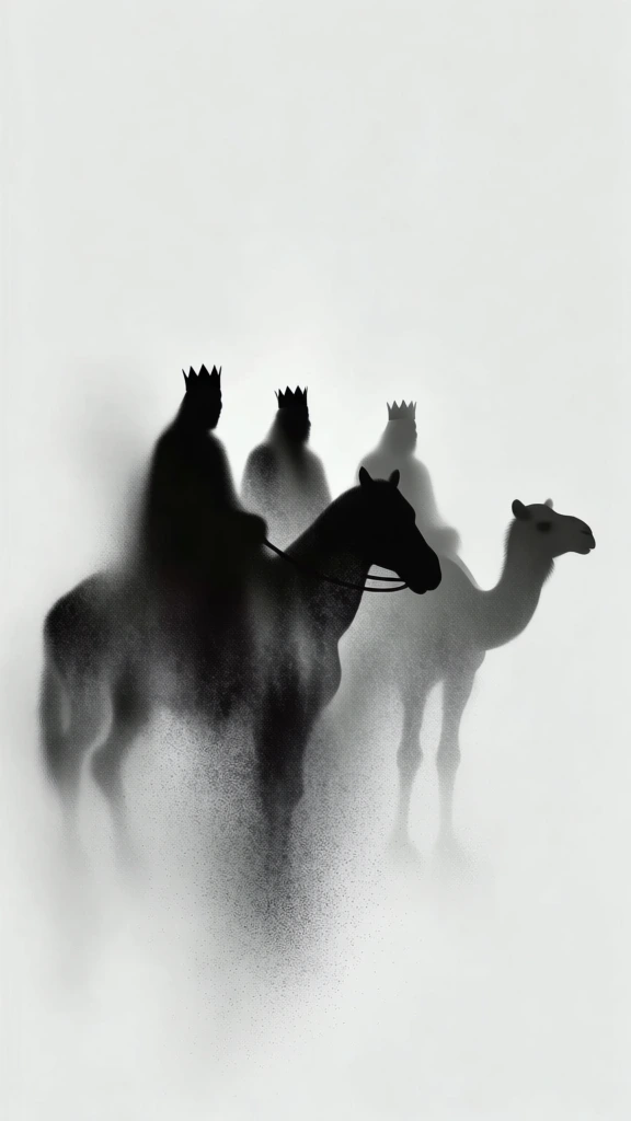minimalist monochromatic composition of three crowned figures on a horse and camels in profile facing a distant star, featuring heavy grain and stippling, deep charcoal black silhouettes bleeding into a stark white void, soft-focus airbrushed gradients, grainy textures transitioning from solid forms into a misty spray of fine particles, ink wash aesthetics, atmospheric negative space, ethereal high-contrast black and white style, dissolving edges, cinematic lighting.