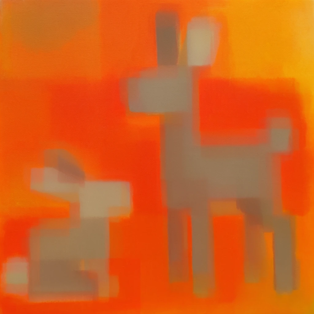 A blocky deer composed of soft, luminous rectangular forms looks down at a smaller blocky rabbit constructed from similar hazy geometric shapes against a vibrant, saturated backdrop. The stylized animals are built from diffused, intersecting blocks of muted dusty taupe and intense cadmium orange, featuring feathered borders that melt seamlessly into the surrounding space. Both figures hover within a vast, glowing background of deeply saturated tangerine, yellow-orange, and warm ochre pigment washes. The abstract expressionist color field composition utilizes a flat, two-dimensional perspective characterized by prominent woven canvas texture and thin, translucent layers of matte paint. Sfumato-like color transitions, softly blurred brushstrokes, and bleeding edges create an atmospheric depth, using the intense chromatic vibration between the vivid warm hues and the earthy gray-taupe forms to define the stacked, rectilinear anatomy of the subjects.