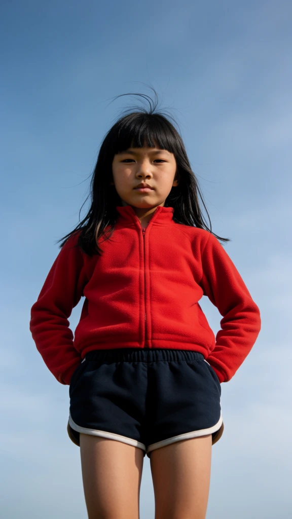 A young girl stands outdoors against a vast blue sky, photographed from a low angle so she appears quietly imposing, looking down at the viewer with a serious, almost guarded expression. photographic portrait, low-angle fashion-like candid, natural light, realism, subtle cinematic softness, minimalist composition, introspective, slightly dramatic, clean background, medium visual complexity, visually adjacent to Rinko Kawauchi, Takashi Homma, mildly Sofia Coppola editorial mood, saturated primary colors, dominant cobalt blue and vivid red with deep navy, warm skin tones, bright daylight, moderate-to-high contrast, crisp highlights on hair and face, shallow depth of field, soft edge blur, likely telephoto or portrait lens compression from a low viewpoint, no obvious grain, slight dreamy softness, no visible text, no watermarks. In the exact center of the frame is the girl’s face and upper torso, occupying most of the vertical image. She has straight black hair falling past her shoulders, with blunt bangs across her forehead and a few loose strands lifting upward at the crown from a light breeze. Her skin is smooth and lightly sunlit; her dark eyes are narrowed slightly as she looks directly downward into the camera. Her mouth is closed and neutral, giving her expression a calm but stern, self-possessed feeling. She wears a bright red fleece or sweatshirt with a short front zipper pulled nearly to the top, forming a high collar that covers her neck; the zipper pull sits at the center just below her chin. The red top fills the middle half of the image, draping loosely with soft folds and shadows. Her hands are tucked into side pockets near the lower left and lower right of the sweatshirt or shorts area, causing her elbows to angle outward slightly. Below, centered in the lower third, she wears dark navy athletic shorts with a gathered waistband and white piping tracing the curved hems. Her bare thighs appear at the bottom left and bottom right corners, partly cropped by the frame. The entire background is an uncluttered blue sky with a smooth gradient, deeper blue near the top and lighter near the bottom, with only a faint blurred suggestion of distant structures at the extreme lower right edge.