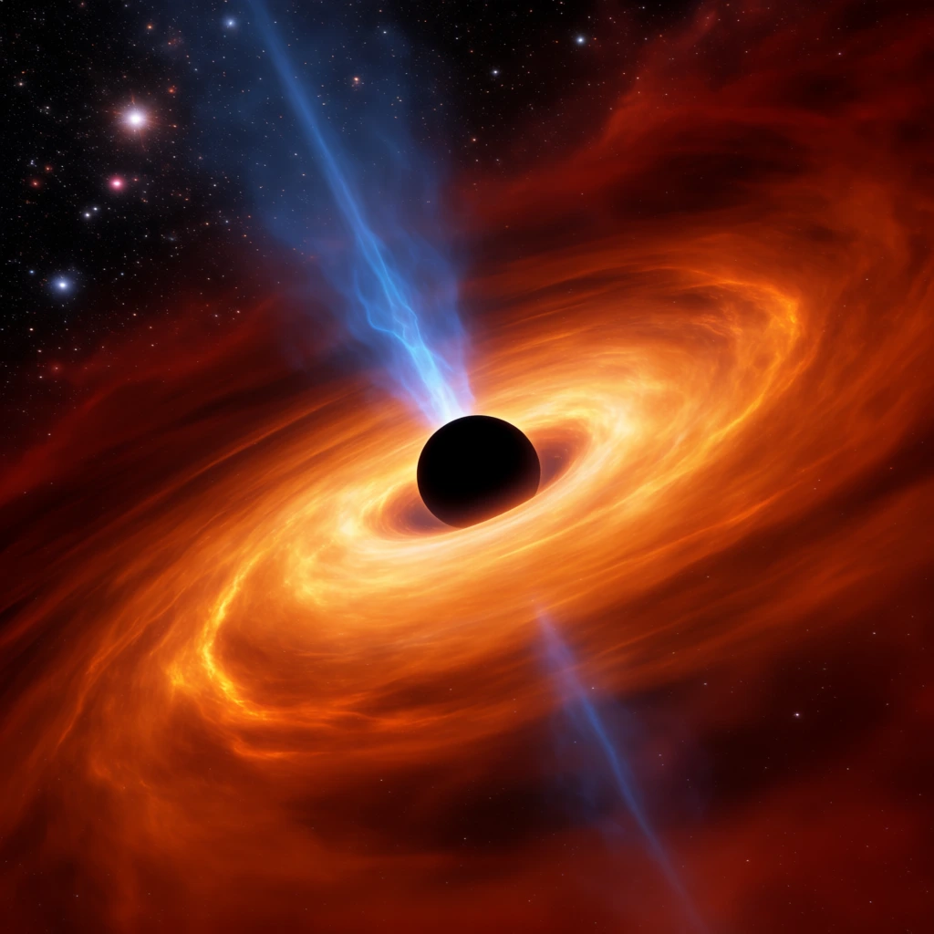 A perfectly black sphere anchors a swirling accretion disk of bright orange and yellow plasma in deep space. A translucent blue energy jet erupts diagonally upward from the dark center into a murky red cosmic void. A dense starfield sparkles in the upper left corner of this dynamic digital astrophysical visualization.