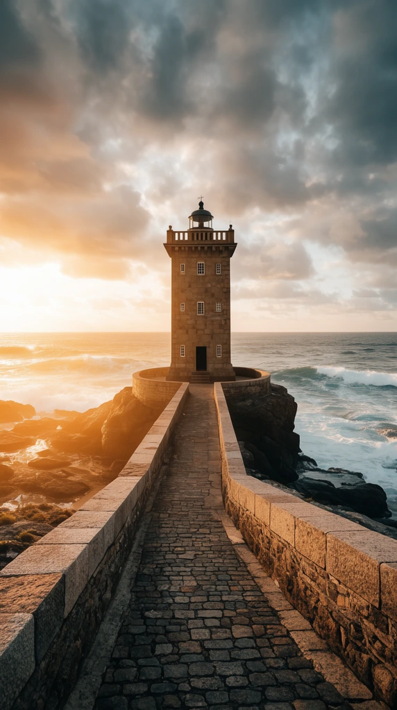 Square stone lighthouse on coastal rocks, long stone walkway, crashing ocean waves, golden hour sunset, dramatic cloudy sky, warm sun glare, wide shot