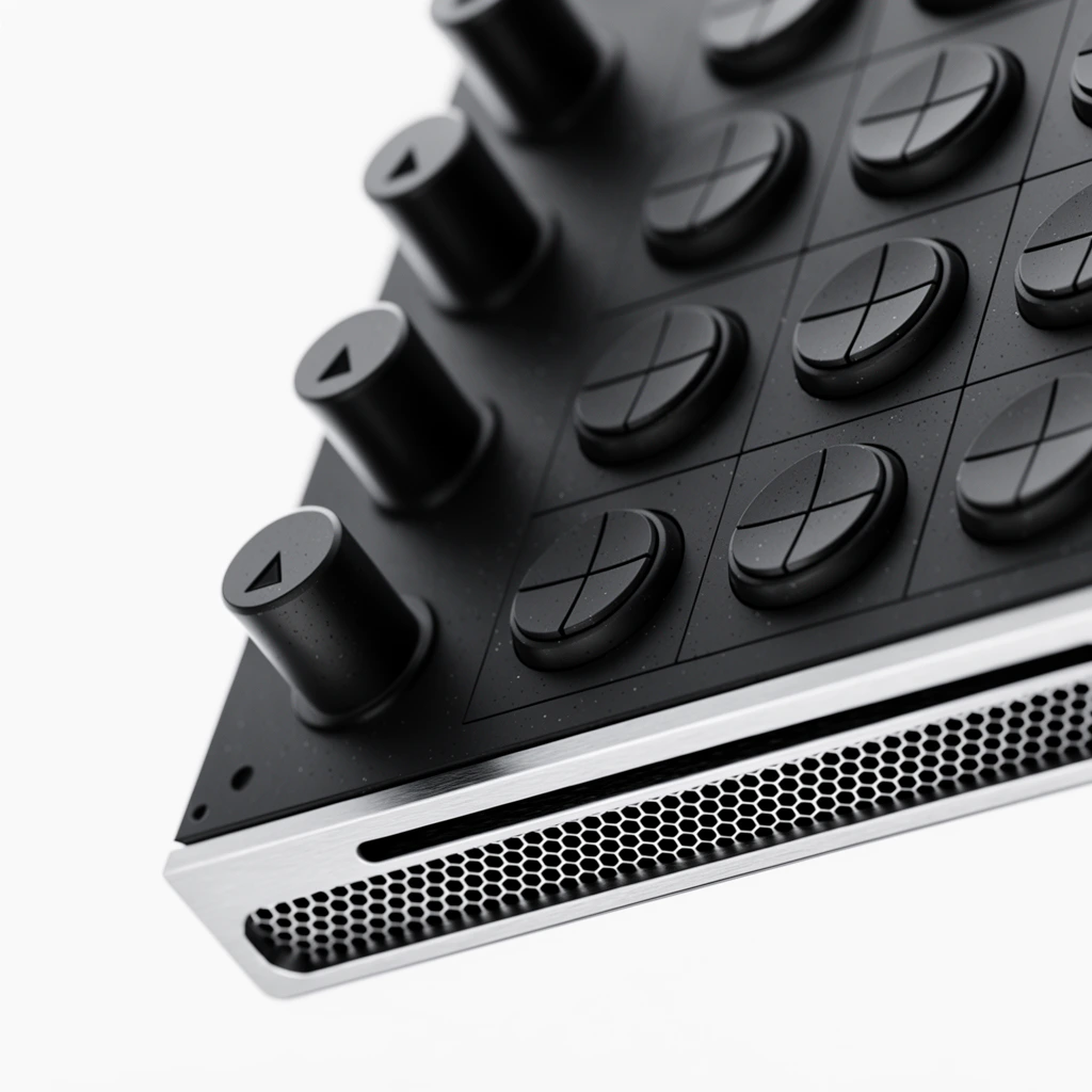 A macro shot of a sleek, matte black industrial control panel suspended over a stark white void. The angled interface features a staggered arrangement of prominent rotary knobs with triangular indicators, alongside a grid of flush, circular buttons detailed with intersecting grooved lines. The lower edge transitions into a brushed silver metallic bevel, housing a precisely machined honeycomb ventilation grille and a narrow horizontal slot. Shot with a shallow depth of field blurring the upper edge, the composition highlights the tactile, slightly speckled texture of the dark hardware against the bright, high-contrast background, emphasizing a minimalist, high-fidelity product design aesthetic.