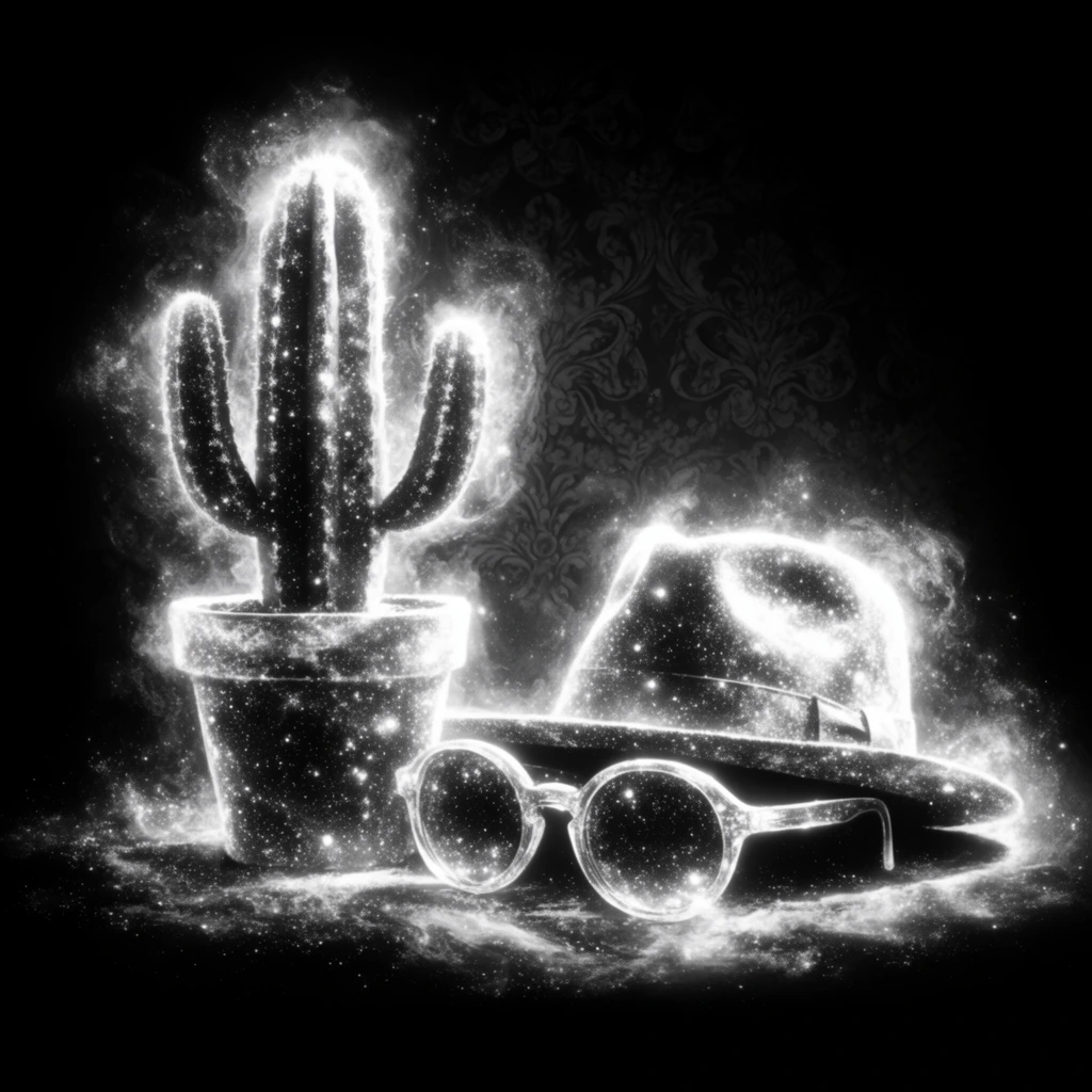 A potted cactus with arms positioned next to a wide-brimmed hat and round sunglasses, rendered as glowing, high-contrast, monochromatic cosmic silhouettes against a pitch-black void. The entire arrangement is sculpted from radiant, sparkling stardust and swirling, ethereal white nebula clouds, giving the objects a surreal, magical luminosity. Bright, intricate clusters of luminous particulate matter and glowing galactic mist define the contours of the cactus, pot, hat, and lenses, creating blinding white highlights that dissolve into deep shadows. Behind the glowing objects, a faint, ghostly ornate damask wallpaper pattern emerges subtly from the sweeping stardust, fading seamlessly into the pure darkness of the surrounding negative space. The visual execution utilizes a striking double-exposure aesthetic, restricted completely to a stark black-and-white color palette heavily defined by intense, sparkling cosmic textures.