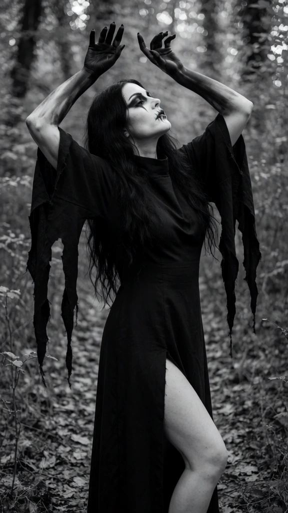 A woman with long, dark, wavy hair and pale skin poses in a wooded setting, wearing a tattered black cloak and dramatic gothic makeup in this monochrome photograph. She stands in profile, looking towards the right with her head tilted upward, her arms raised above her head with fingers splayed. Her hands and forearms are coated in black pigment, contrasting sharply with her light skin. The dark makeup on her face includes heavy eyeliner and vertical black lines crossing her lips. Her long, black garment features tattered, wide sleeves that hang down from her raised arms and a high slit that exposes her left leg from the mid-thigh down. The surrounding environment is a dense forest with a ground covered in leaves and low vegetation, while the background is filled with blurred trees and foliage, creating a shallow depth of field. The lighting appears soft and diffused, likely from an overcast sky or filtered through the canopy, highlighting the textures of the fabric and the details of her makeup. The overall composition is a full-body shot captured from a straight-on camera angle, emphasizing the vertical lines of the subject and the surrounding trees within a black and white color palette.