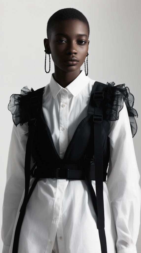 A high-end editorial fashion portrait of a confident dark-skinned model with a short buzz cut. The subject wears an avant-garde outfit featuring a crisp white button-down shirt layered under a black structural harness vest with sheer ruffled shoulders and hanging utilitarian straps. Dark beaded chains loop down from the ears. Framed from the waist up against a stark, light gray seamless studio backdrop, the composition uses soft, directional lighting to highlight sharp fabric contrasts and cast smooth, sculpted shadows across the right side of the model's face.