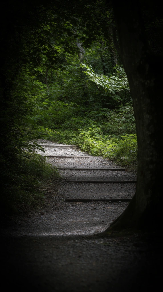 ascending gravel forest path with shallow steps, dense green woodland foliage, thick tree trunk framing the right, dappled sunlight on midground, dark foreground shadows, heavy vignette, moody nature photography
