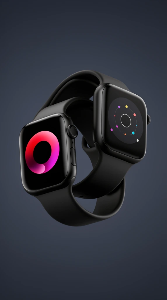 Two matte black smartwatches float intertwined against a seamless dark slate background. The left device angles forward, its illuminated screen displaying a vibrant magenta and crimson gradient ring. The right device tilts upward, showcasing a digital interface with a central minimalist circle surrounded by colorful orbital dots. Both feature smooth, rounded rectangular casings, textured side dials, and velvety silicone bands that loop seamlessly together. Soft, diffused studio lighting creates subtle specular highlights along the curved matte surfaces, emphasizing the sleek industrial design and creating a striking contrast between the dark hardware and glowing geometric displays.
